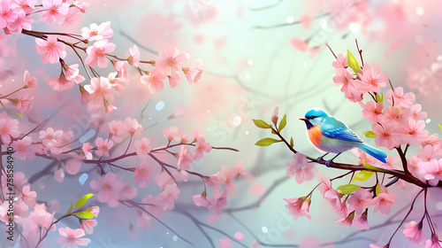 spring background with tree blooms and cute bird