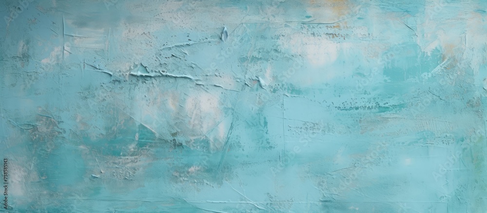 Obraz premium A close up of an electric blue wall with a painting of a freezing natural landscape, depicting fluid aqua colors of winter in a liquid form
