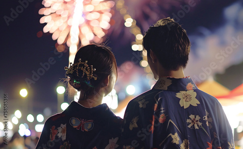 夏祭りの花火を楽しむアジア人カップルの後ろ姿 photo