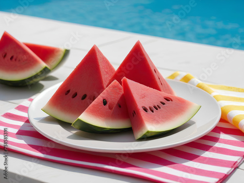 Slices of watermelon on a plate near the pool edge on a sunny summer day. (ID: 758585391)