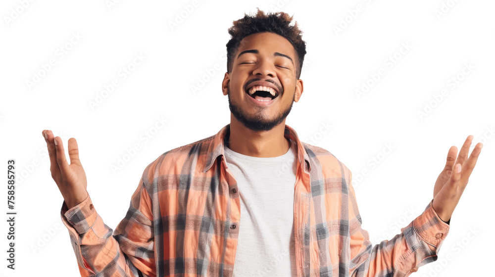 Laughing man with closed eyes and plaid shirt, feeling happiness and joy Laughing man with closed eyes and plaid shirt, feeling happiness and joy