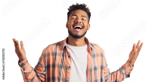Laughing man with closed eyes and plaid shirt, feeling happiness and joy