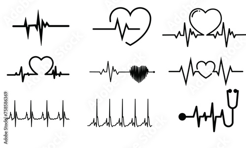 heart rhythm set, Electrocardiogram, ECG - EKG signal, Heart pulse line concept 