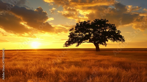 A lone oak tree stands tall in the middle of an expansive field, with golden wheat swaying gently. photo
