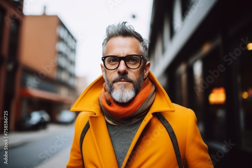 Portrait of a bearded middle-aged man in a yellow coat and glasses on the street.