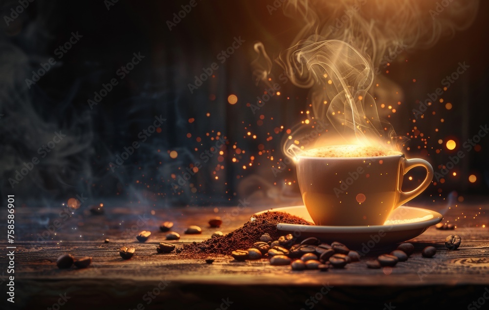 A warm, inviting cup of coffee emits steam on a rustic wooden table amidst scattered coffee beans, with a bokeh light backdrop - obrazy, fototapety, plakaty 
