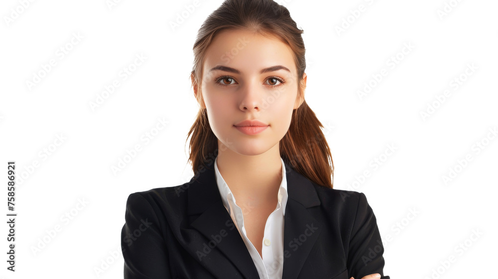 Well-dressed woman in business attire with a neutral expression against a white backdrop Well-dressed woman in business attire with a neutral expression against a white backdrop
