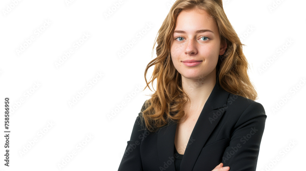 A young woman with a friendly smile wearing a black blazer over a white background A young woman with a friendly smile wearing a black blazer over a white background