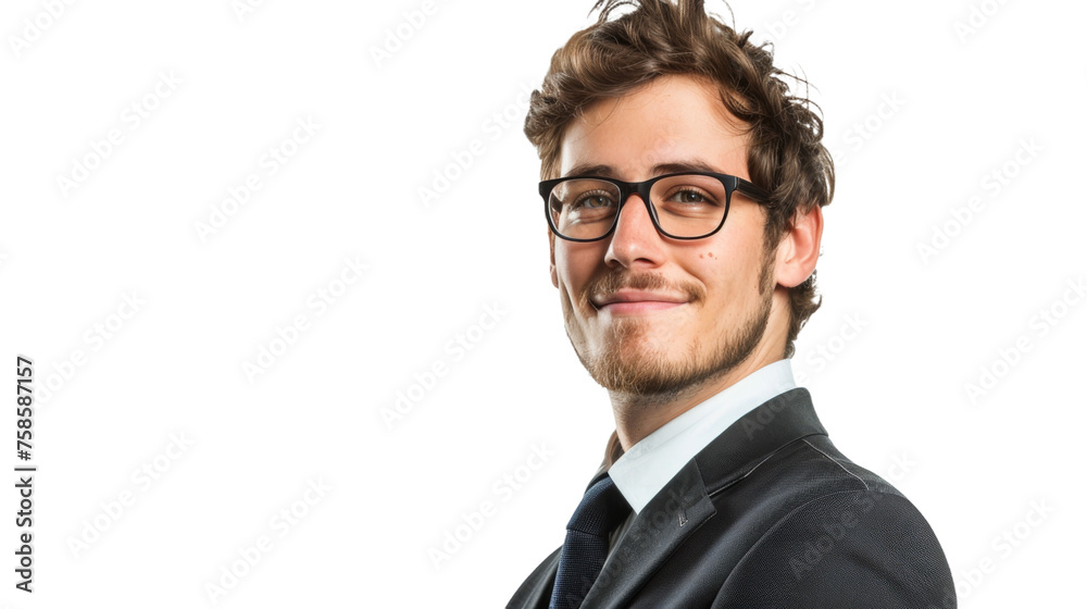 Young professional man with a gentle smile and modern glasses, on a white background Young professional man with a gentle smile and modern glasses, on a white background