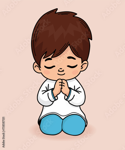 Cute praying little boy on their knees with hands folded in prayer. Religious believer child. Vector illustration. Color hand drawing with doodle style. Kids collection