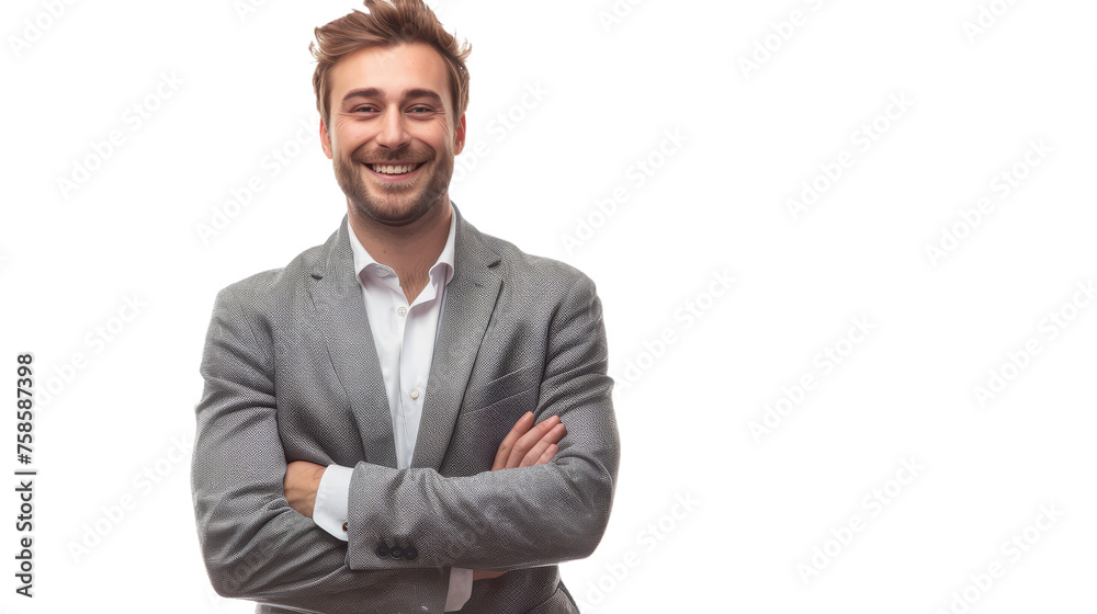 A young, handsome man in a grey suit with a winsome smile crossing his arms, symbolizing confidence A young, handsome man in a grey suit with a winsome smile crossing his arms, symbolizing confidence