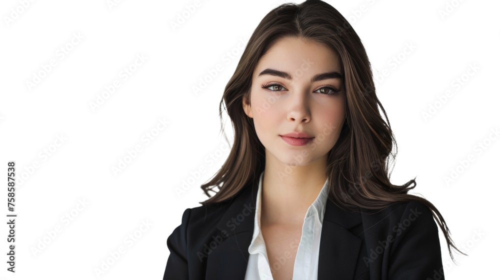 Serene young adult in professional black attire with a peaceful and confident look Serene young adult in professional black attire with a peaceful and confident look