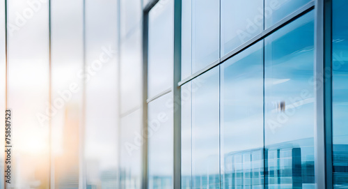 Blurred Glass Wall of Modern Business Office Building at the Business Center, Perfect for Business Backgrounds. Ideal for Corporate Office Concepts, Urban Business Environment