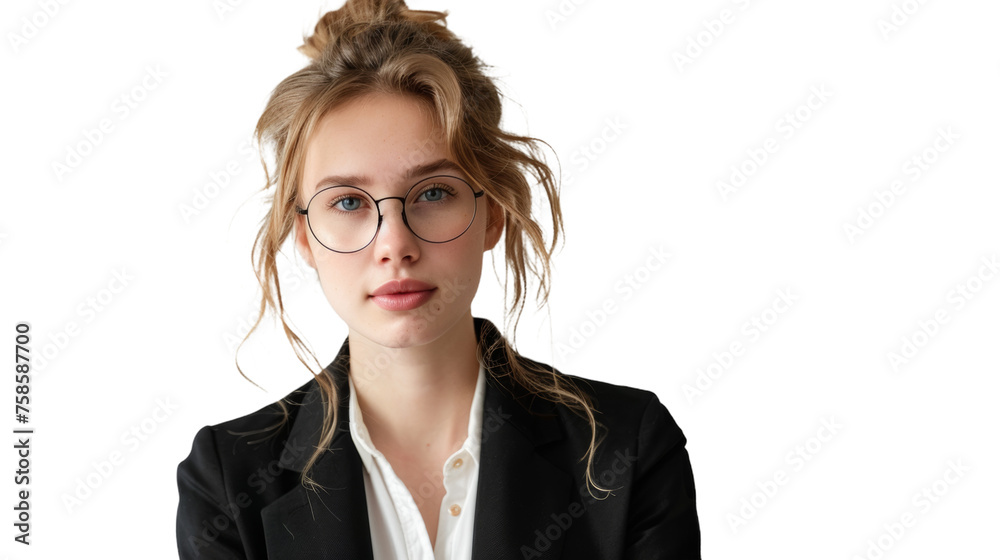 Young woman with blonde hair, wearing glasses, and a loose bun on a white background