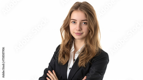 Friendly young professional with natural makeup, in a business suit, giving a welcoming stance on white