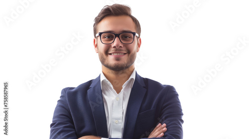 A content young man in a smart casual blue blazer and eyeglasses posed on white background