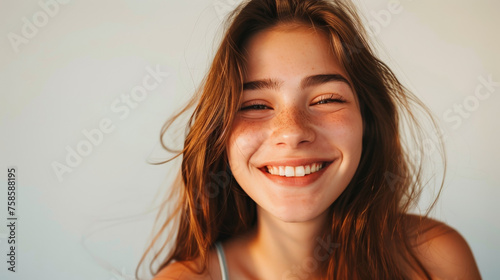 A close-up of a young woman with sunlit freckles, radiating joy and warmth in the image