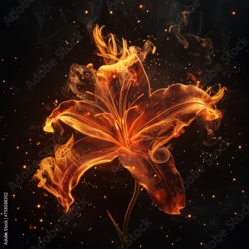 Lily Made of Flames and Fire, Isolated on Black. An Illustration made in part with  Generative AI.
