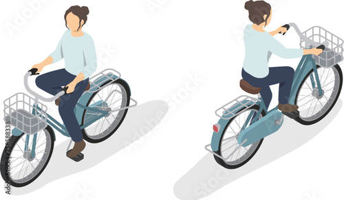アイソメトリックイラスト:自転車に乗る女性
