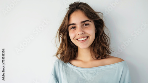 Close-up of a cheerful young female with flowing hair and casual attire against a light background