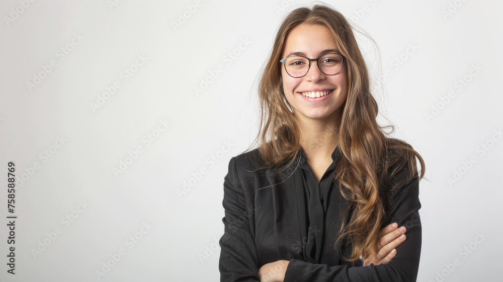 Young adult woman wearing glasses and a black suit, smiling with arms crossed in a confident stance Young adult woman wearing glasses and a black suit, smiling with arms crossed in a confident stance