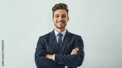 A professional young businessman wearing a suit and tie confidently standing with his arms folded