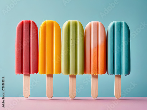 Colorful Popsicle Collection isolated on pastel background. Rainbow Ice Pops on Display (ID: 758588918)