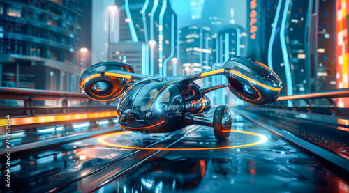 A sleek futuristic car hovers above a glowing rail track in a neon-lit city at night,ai generated