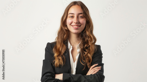 A happy young woman with her arms crossed, wearing a black blazer, on a light background photo