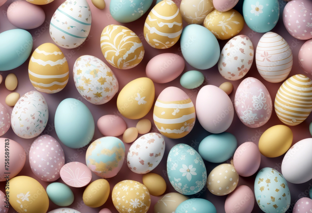 branches pattern easter wrapping spring eggs Happy holiday gentle elements textile seamless flowers white background paper pastel colors wallpaper Egg - obrazy, fototapety, plakaty 