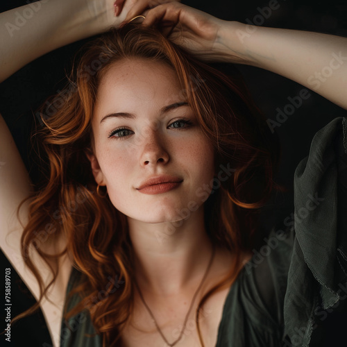 A relaxed woman with redhead and a serene expression lying down on a dark background