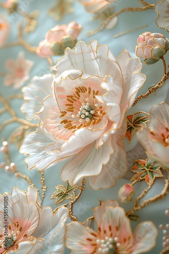 Chinese embroidery, Art of Chinese dragon and classic peony, Fritillaria,bead piece, gold thread pinch silk, in the style of light pink and gold, light white and dark azure, gossamer fabrics, 