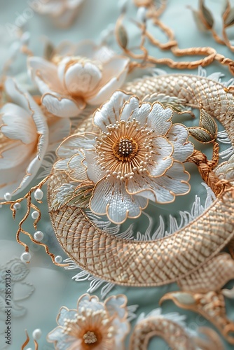 Chinese embroidery, Art of Chinese dragon and classic peony, Fritillaria,bead piece, gold thread pinch silk, in the style of light pink and gold, light white and dark azure, gossamer fabrics, 