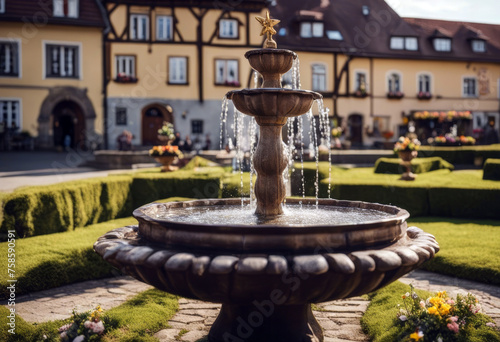 View fountain traditionally Germany Upper Franconia Bieberbach Easter decorated Egg Customs Europe Background Design Water Sky Travel House Spring Building Green Red Street Holiday