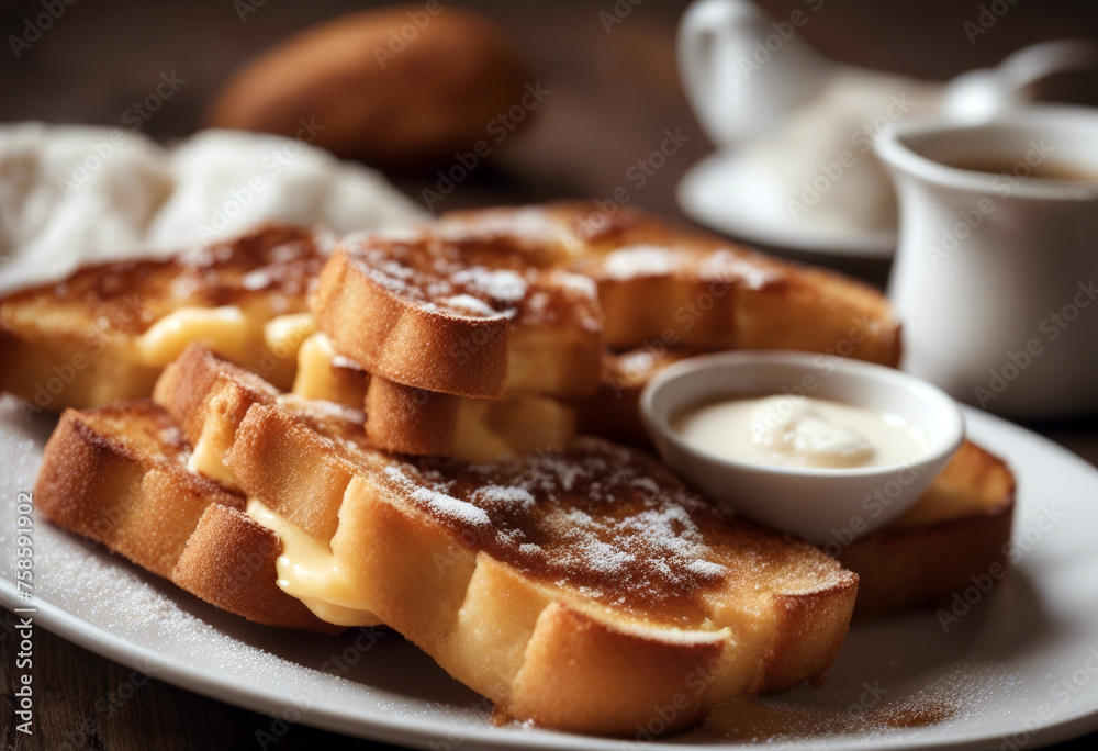 cinnamon sugar Spanish known eggs topped made milk french Torrijas typical also Easter sh toasts bread Food White background Breakfast Plate Dinner Meal Cuisine Lunch
