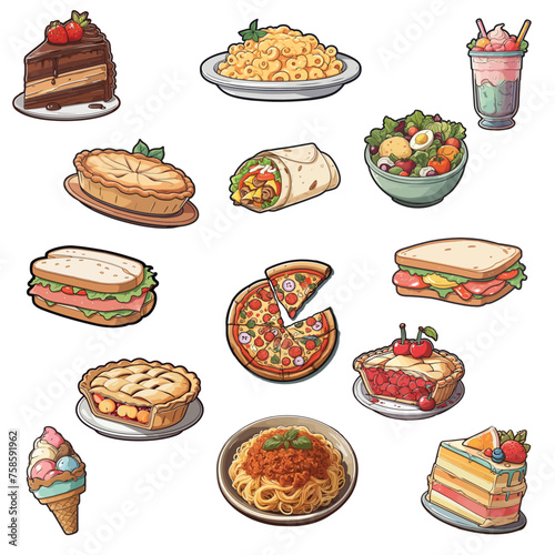 Set of food like pizza and cake. Vector and cartoon style