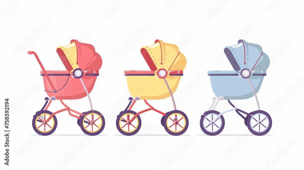 Stroller for baby. Three-wheeled pushchair for newborns. Infants' walking carriage. Empty trolley for kids. Flat modern illustration isolated on white. Stroller for baby. Three-wheeled pushchair for newborns. Infants' walking carriage. Empty trolley for kids. Flat modern illustration isolated on white.