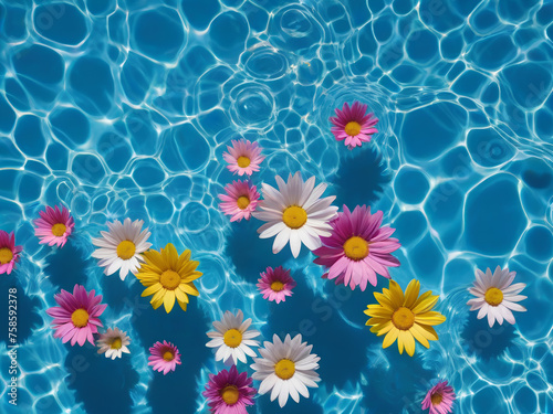 Top view of colorful flowers floating in the surface of a swimming pool. Summer, spring, vacation poolside. (ID: 758592378)