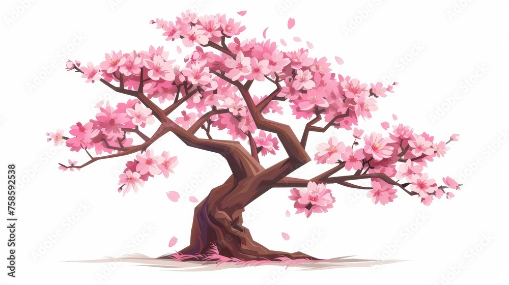 Sakura blossoms on branches and trunk. Japanese plant, gorgeous beautiful element. Isolated on white background. Flat modern illustration.