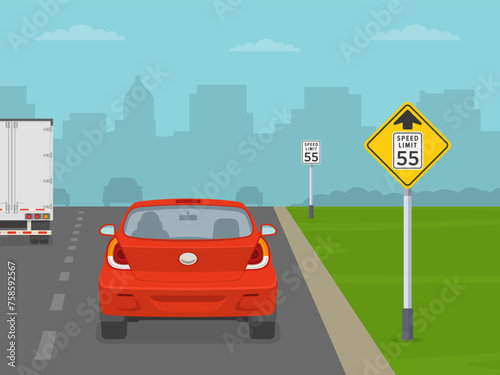 Safe driving tips and traffic regulation rules. United States speed limit ahead sign. Back view of a traffic flow on expressway. Flat vector illustration template.