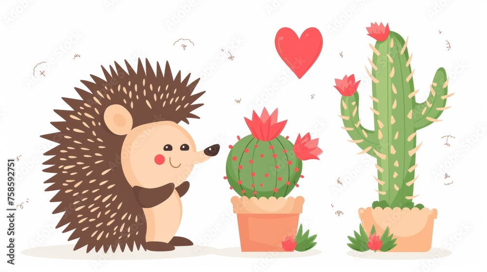 Fototapeta premium This cute hedgehog loves cactus. It is an animal that looks just like a plant with needles, similar to a happy and adorable kawaii comic character from the forest. An isolated white background with a