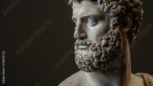 a close-up of an ancient greek sculptures face on dark background photo