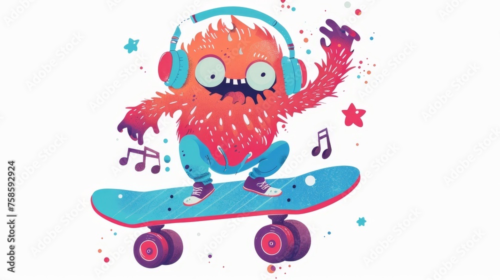 Fun fiction sport monster on skateboard. Cool skateboarder in headphones. Modern abstract kids flat modern illustration isolated on white. Fun fiction sport monster on skateboard. Cool skateboarder in headphones. Modern abstract kids flat modern illustration isolated on white.