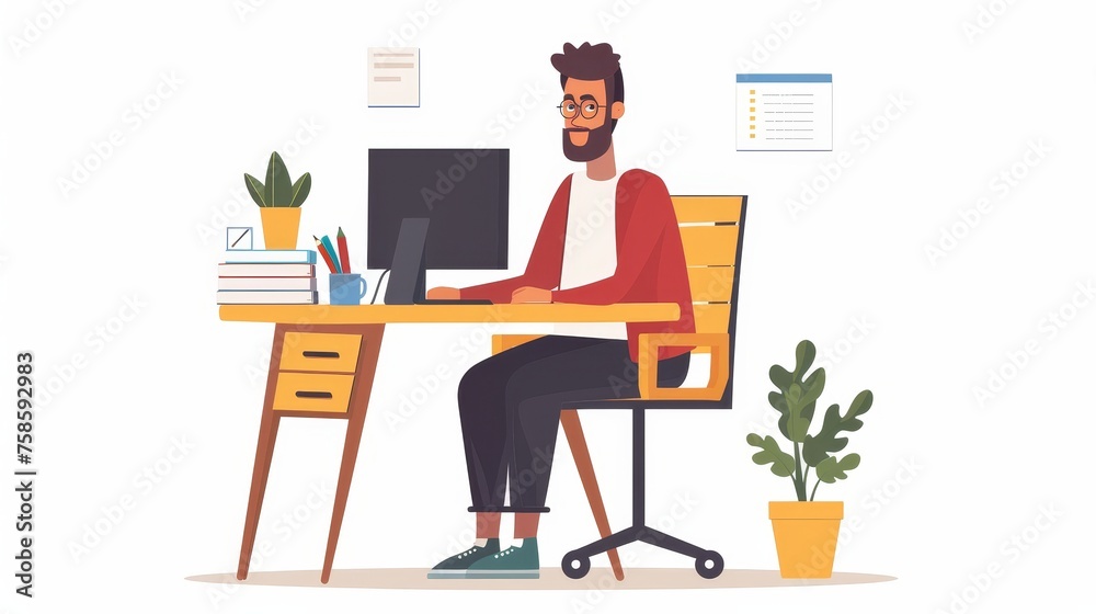 An online student is going through an online course, completing a virtual lesson, attending a remote lecture, or participating in a webinar. Internet education concept. Flat graphic modern