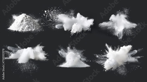 Clouds of white powder isolated on transparent background. Abstract illustration of dust explosion, washing detergent scattered, snow blizzard, flour explosion. photo