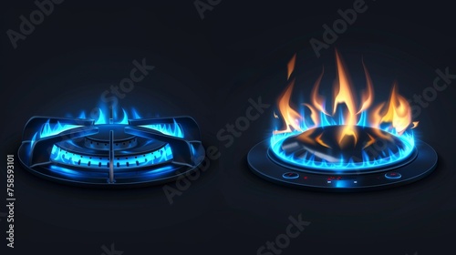 A gas burner with blue flames and glowing fire rings on a kitchen stove. Modern realistic mock-up of propane butane in a cooking oven in a top and side view isolated on a black background. photo