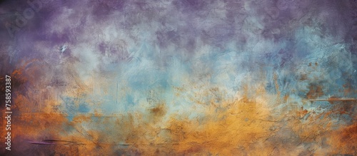 A picturesque natural landscape painting featuring tints and shades of purple, blue, and orange. The sky is filled with cumulus clouds against a backdrop of electric blue