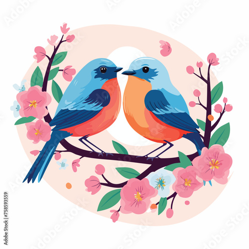 A pair of colorful birds building their nest in a f