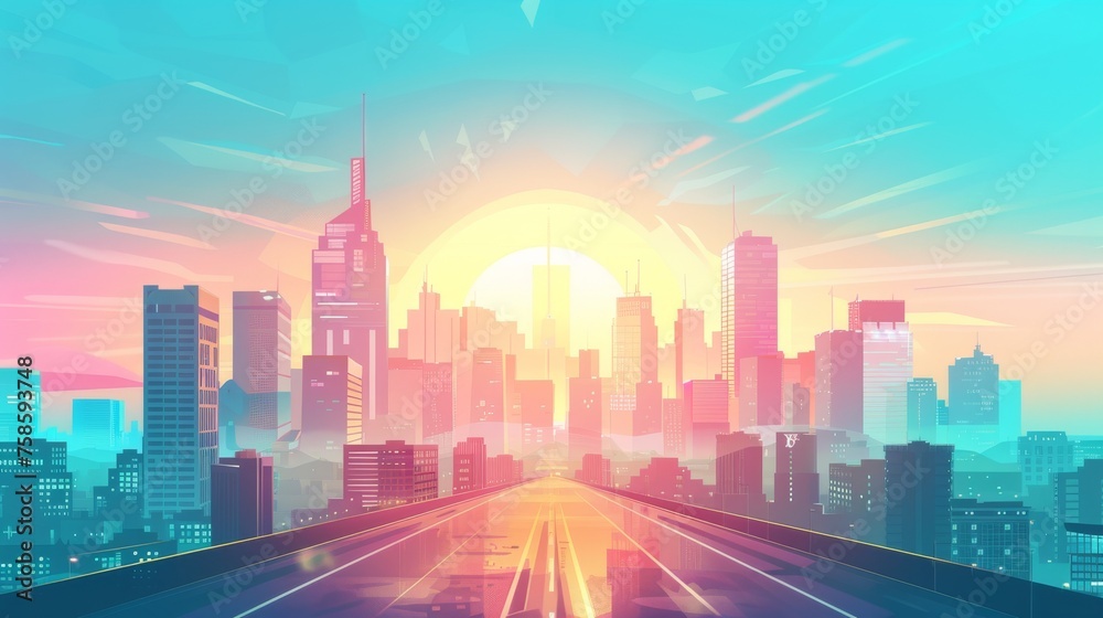A sunrise over modern city skyline with sun rising above skyscraper buildings, seen from a bridge. Morning metropolis cityscape with road and houses, city architecture, cartoon modern illustration.