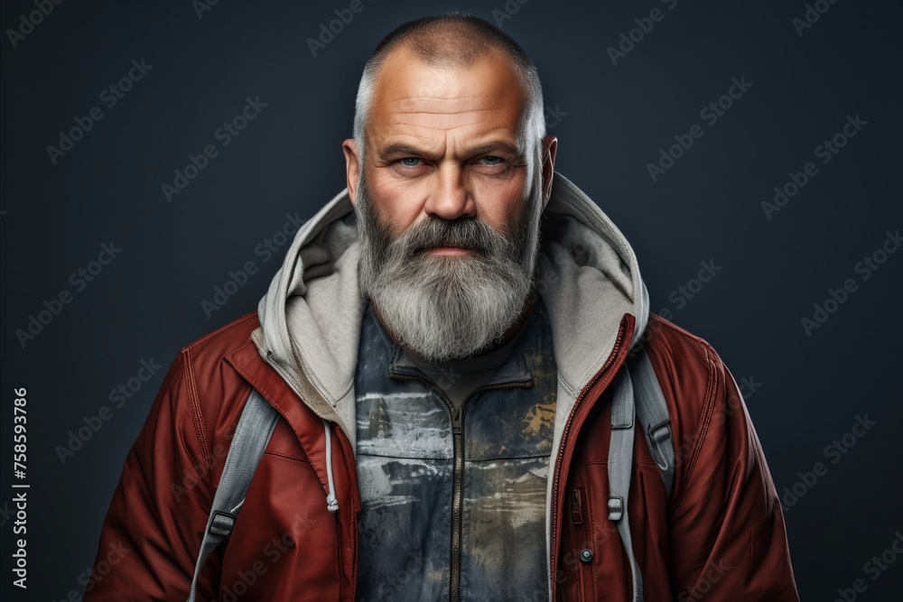 Portrait of a bearded man in a red jacket on a dark background Portrait of a bearded man in a red jacket on a dark background